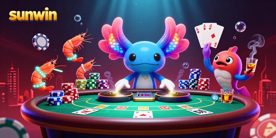Engage with sunwin's vibrant casino scene featuring a neon-colored axolotl DJ spinning records and poker elements.
