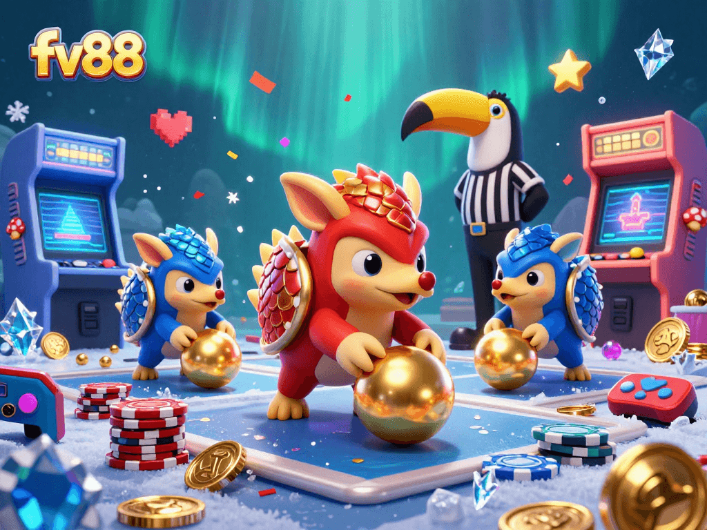 fv88 features dynamic pangolins rolling through poker chips in a vibrant casino gaming scene.