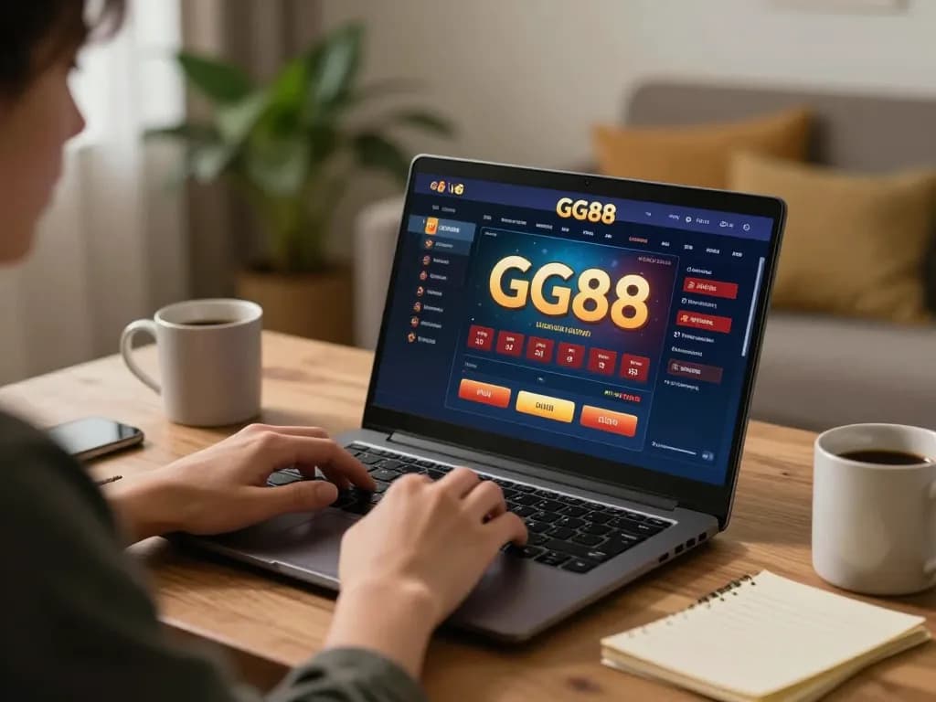 Engaging gaming moment with GG88 vip interface on laptop in a cozy home environment.
