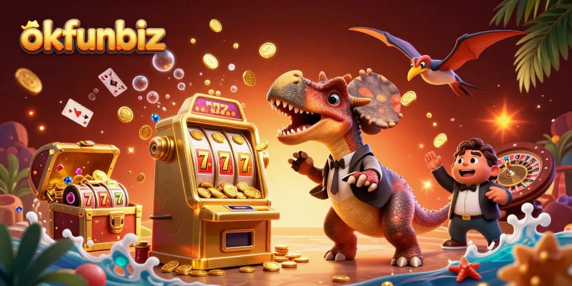 okfunbiz jackpot scene with a dinosaur winning coins at a slot machine in a vibrant casino