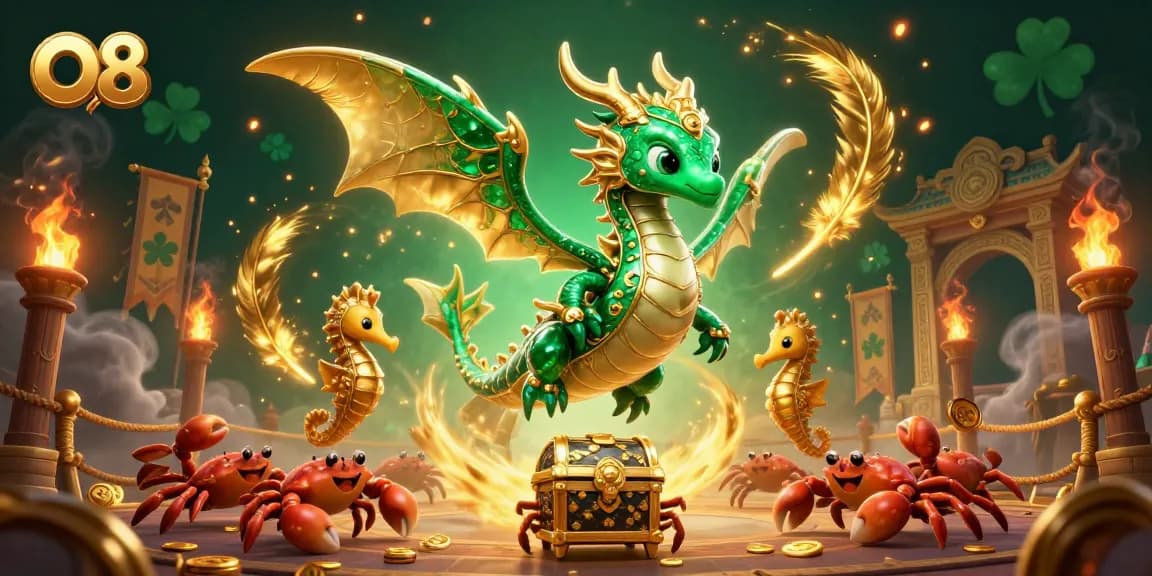 Experience thrilling wins at O8 with a majestic sea dragon guarding treasures amidst dynamic casino elements.