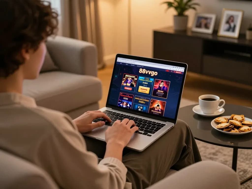 Engaged player enjoying 88vvgo online casino on a sleek laptop in cozy home setting