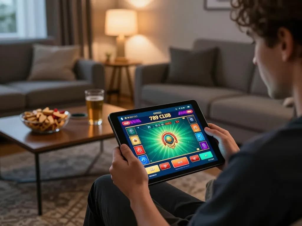 Person plays 789 Club online casino game on a tablet, showcasing responsible gambling.