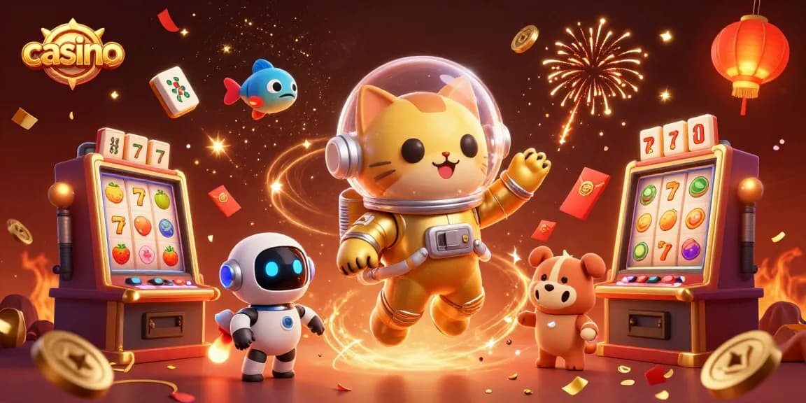 Experience casino excitement with a vibrant scene featuring an astronaut cat and a robot dog.