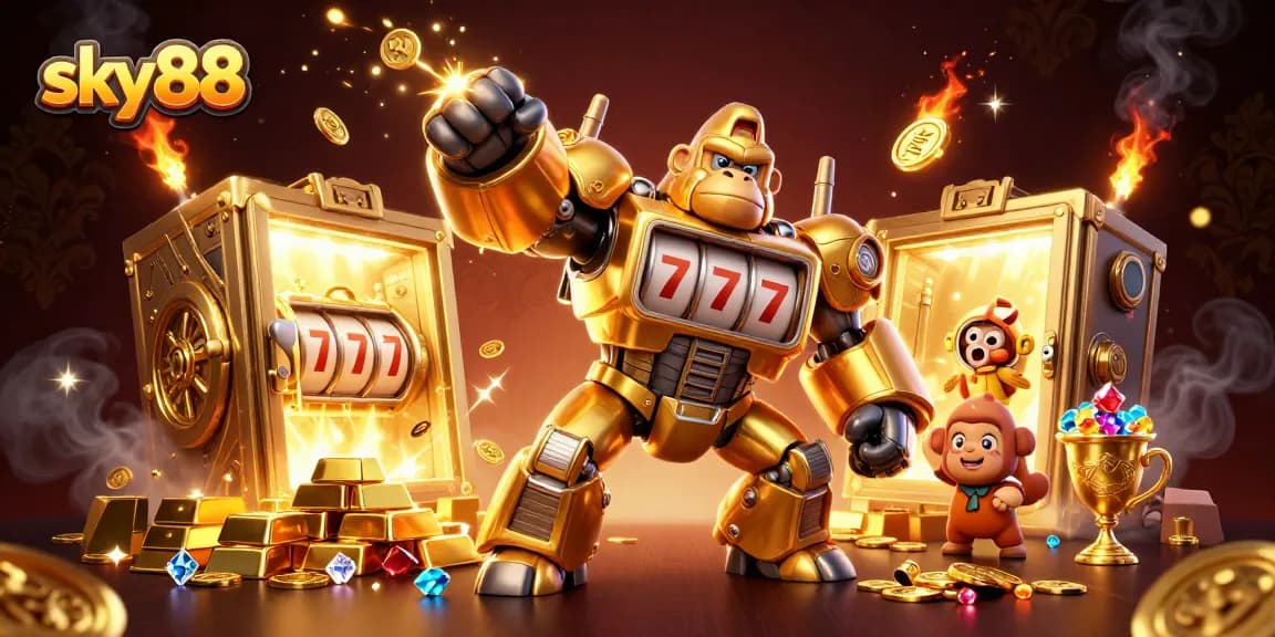 Sky88 online casino illustration featuring a golden gorilla mech and coin-filled action.