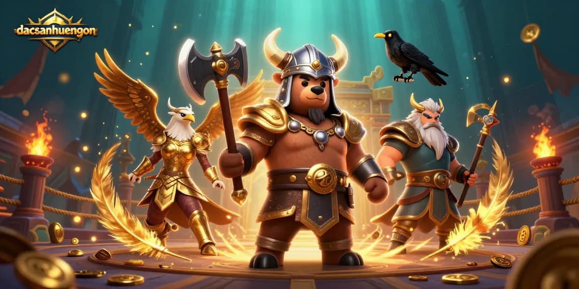 Experience dacsanhuengon in a vibrant 3D casino scene with extraordinary characters and dynamic game elements.