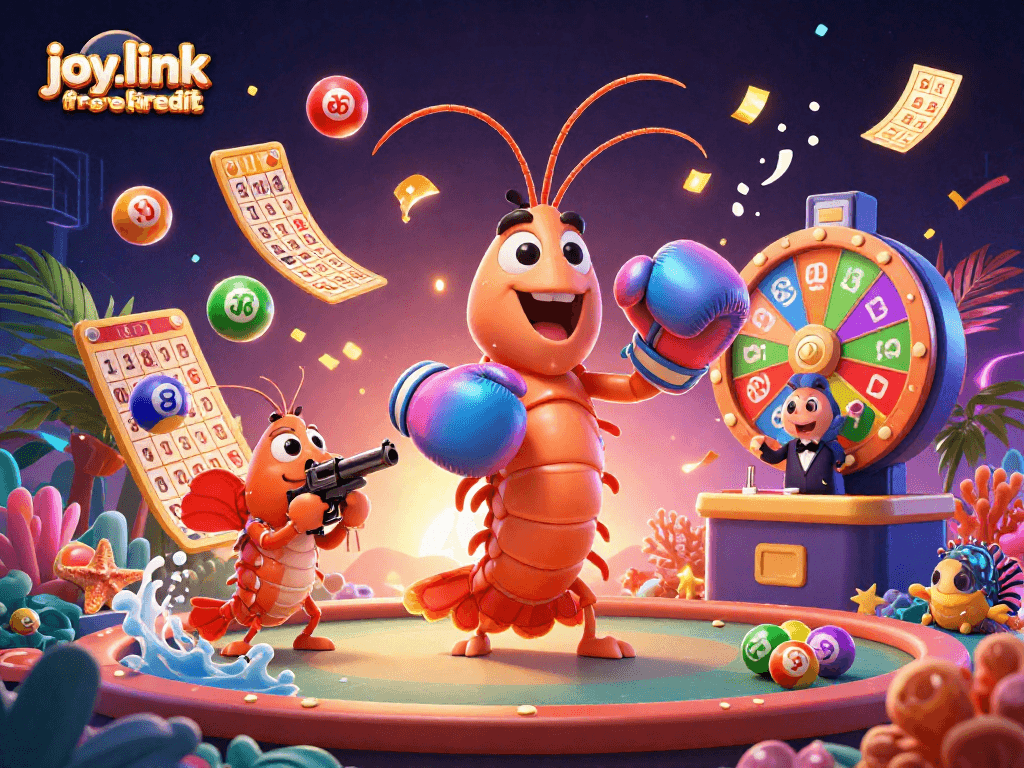 Experience excitement with joy.link free kredit in this lively 3D casino scene featuring vibrant lottery elements.