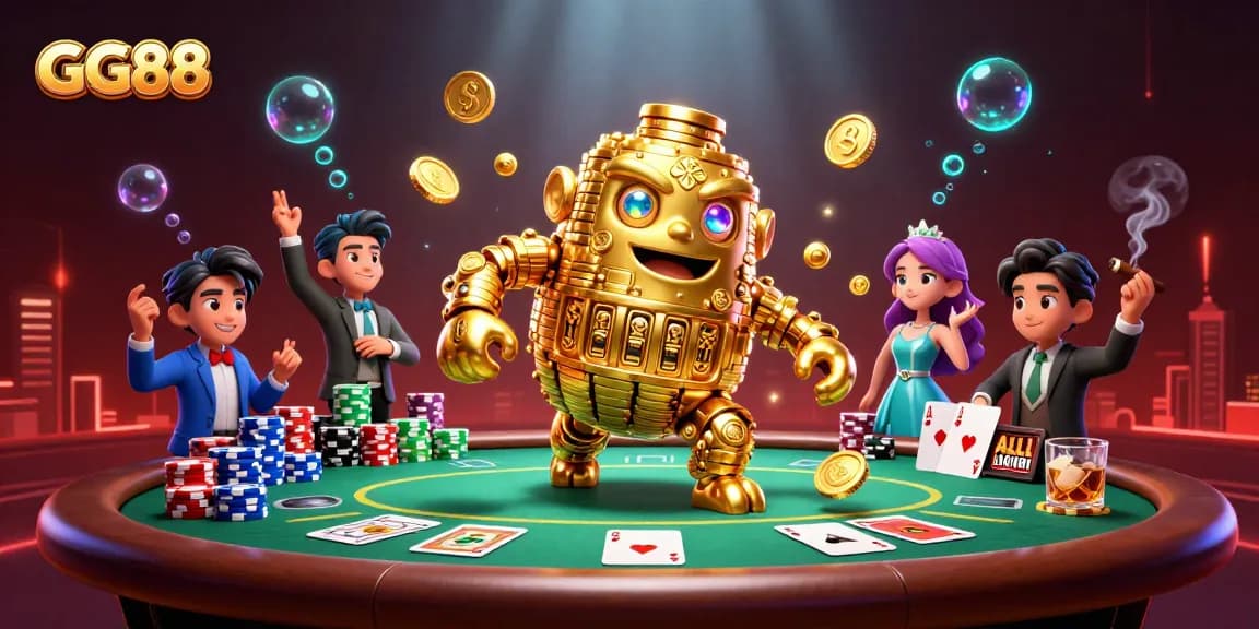 GG88 helps you win big with this vibrant casino scene featuring a golden golem and poker elements.