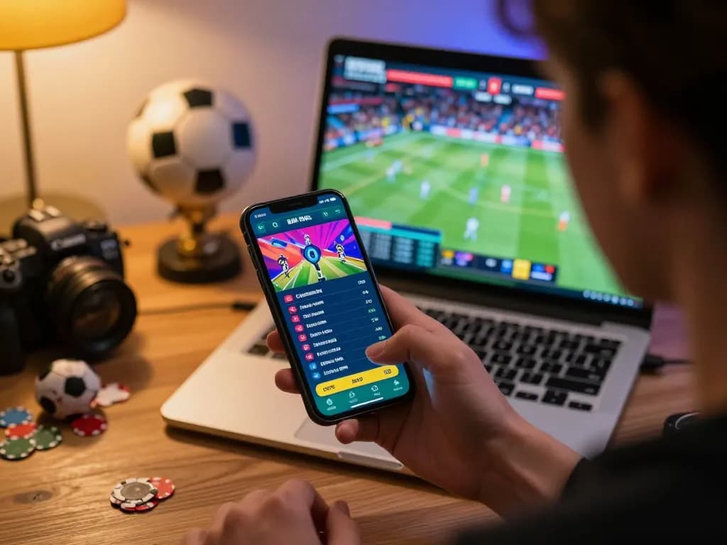 A person engaging with the keonhacaii sports betting app on their smartphone, illustrating live odds and excitement.
