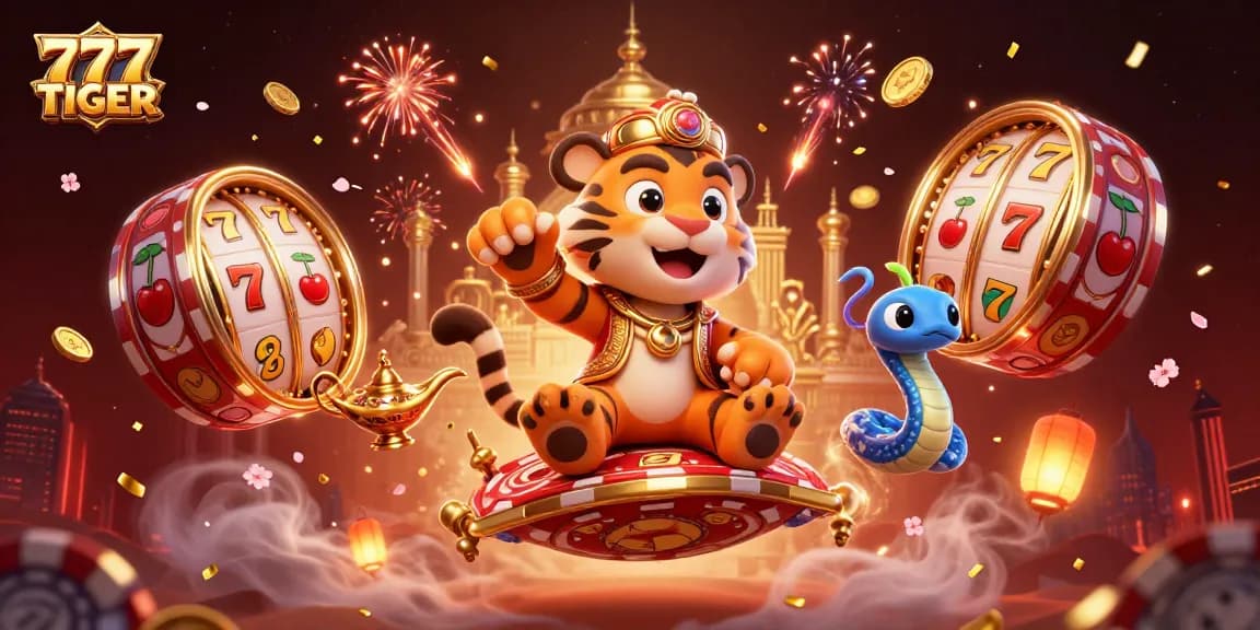 Experience the excitement with 777TIGER's vibrant casino scene showcasing slot reels and gold symbols.