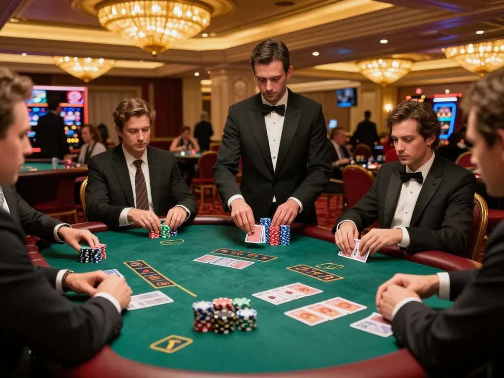 Engaging blackjack action showcasing gamebaidoithuong8 strategies with players and dealer in a vibrant casino setting.