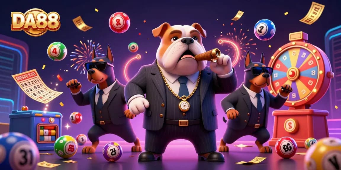 Engage with DA88 in a vibrant casino scene featuring a mafia bulldog and dynamic lottery elements.