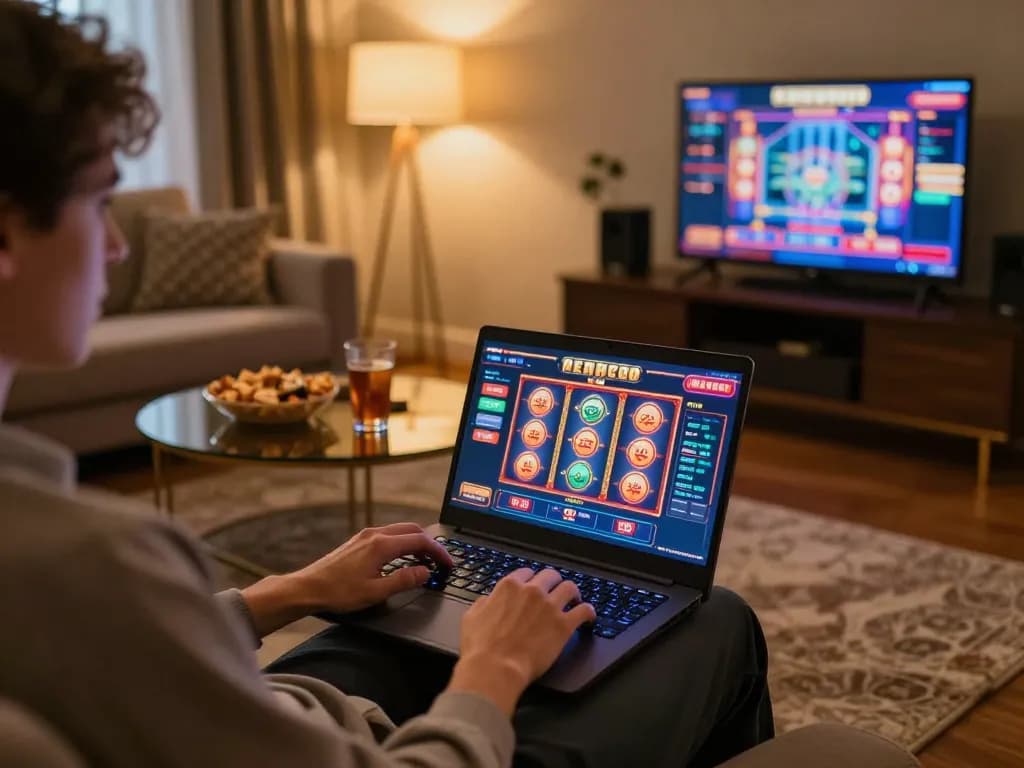 Player engaging with MM 88's online casino in a cozy home environment, showcasing a warm atmosphere and vibrant gaming.