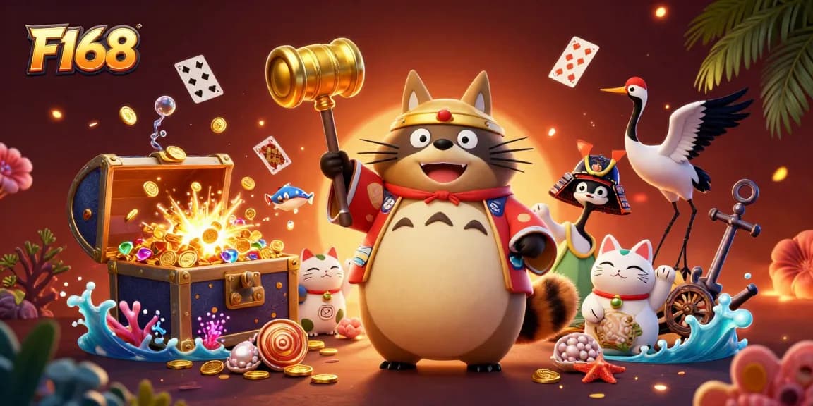 Engage with F168's vibrant casino-themed illustration, showcasing a cheerful tanuki, crane, and lucky cats amidst treasure.