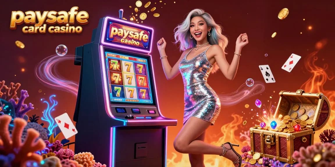 Paysafe Card Casino feiert einen aufregenden Jackpot-Gewinn mit einer glamourösen Frau, während Münzen in einer lebhaften Umgebung sprudeln.