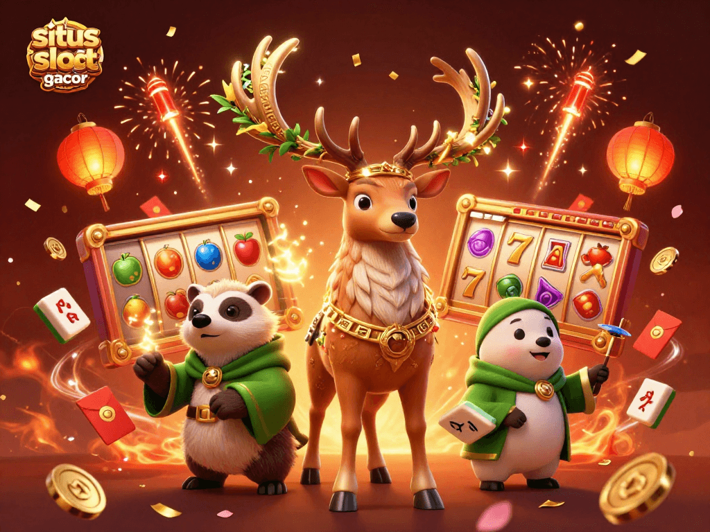 Situs slot gacor 2026, ilustrasi 3D yang menampilkan simbol slot beruntung dan karakter magis.