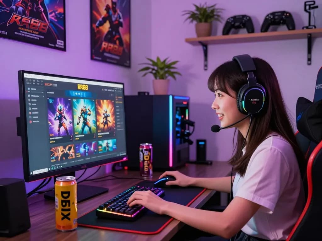 Gamer immersed in RR88.com online gaming platform, vibrant desktop setup with gaming accessories.