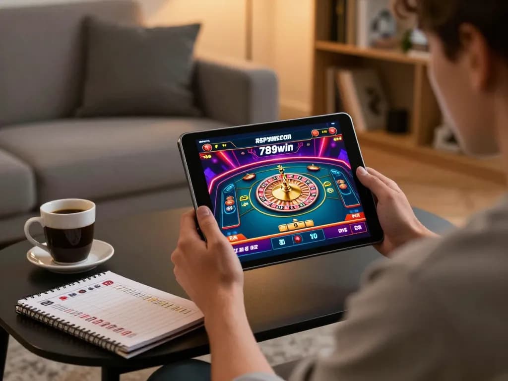 Engaging in online gaming on 789win com tablet while tracking strategies at home.