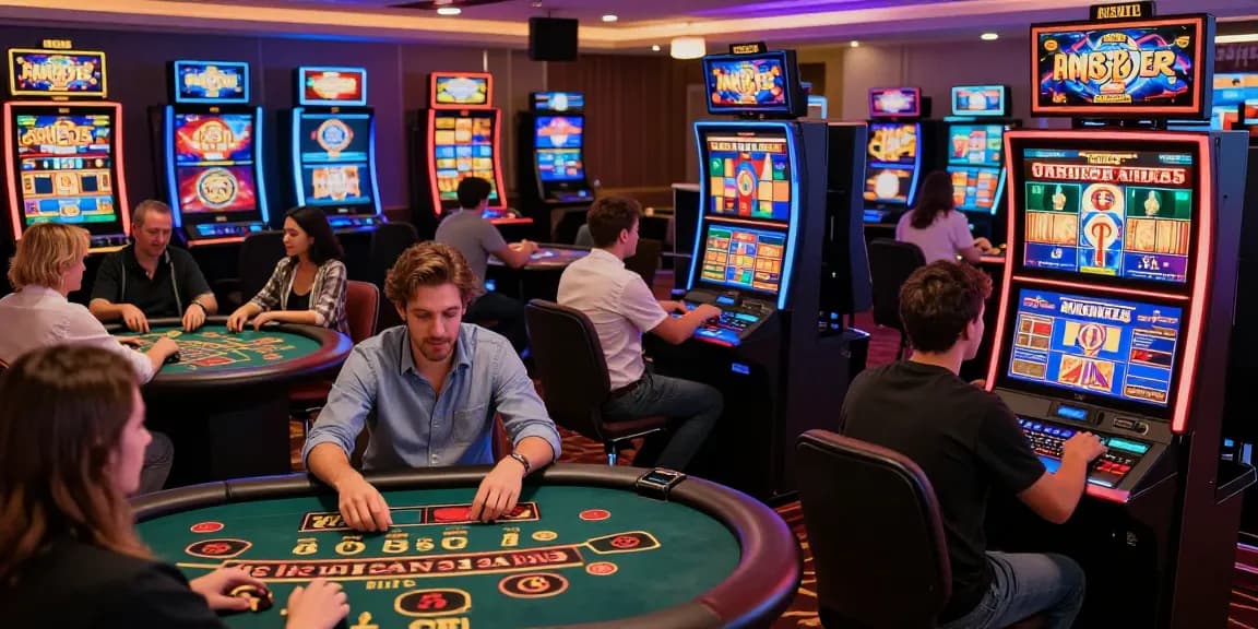 Scena coinvolgente di giocatori ai siti casino non AAMS che evidenzia l'emozione in giochi diversi e grafiche colorate.