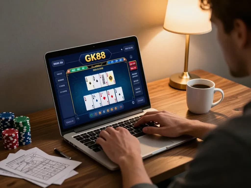 Player enjoying GK88 poker online with laptop, showcasing strategy and engagement in gambling.