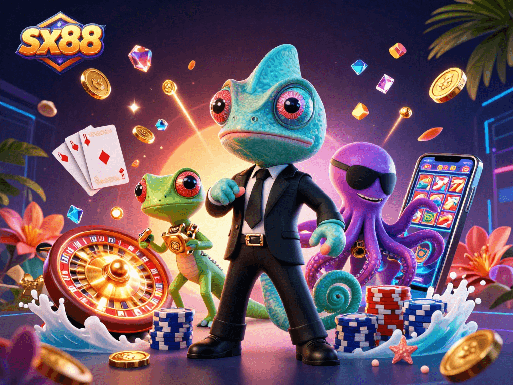 Sparkling sx88 casino scene with an agent chameleon, gecko, and octopus amidst golden coins and roulette