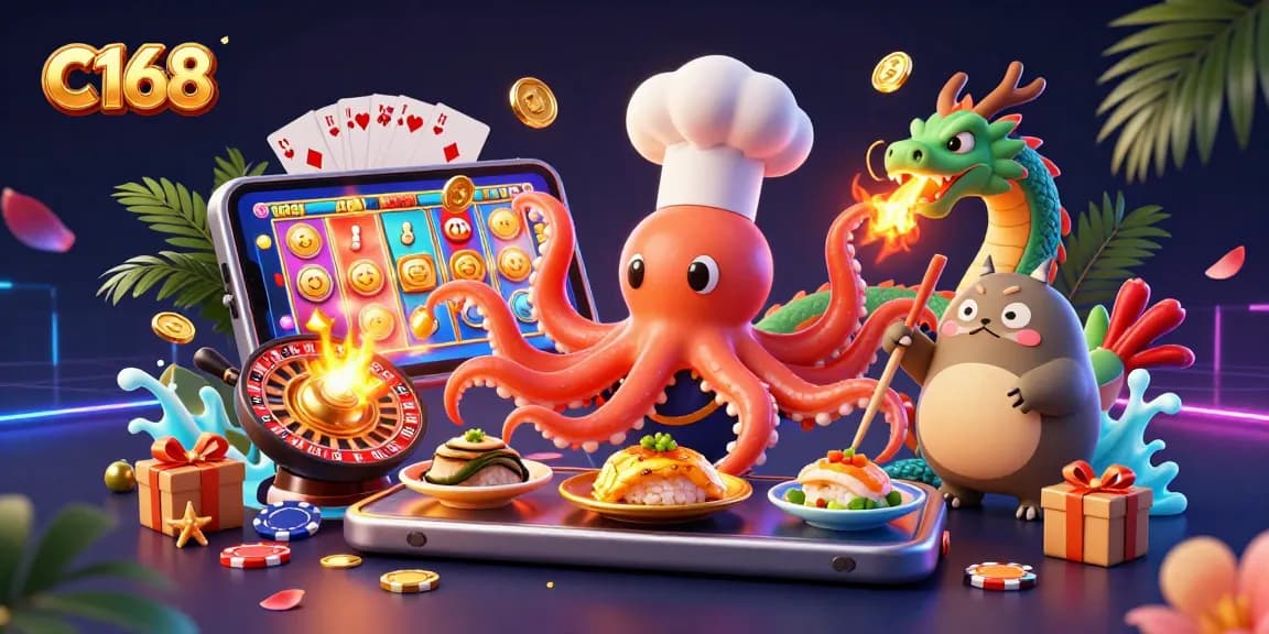 C168 showcases a vibrant gambling scene with an octopus chef creating golden dishes, enhancing the casino experience.