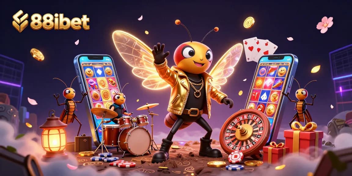 Engage with 88ibet as the vibrant characters celebrate winning with slot games, coins, and cards.