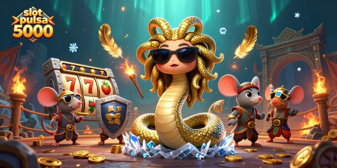 Menangkan jackpot dalam permainan slot pulsa 5000 dengan slot reels dan simbol keberuntungan.