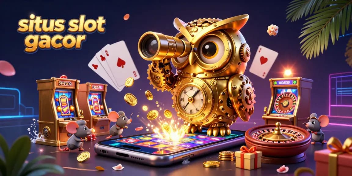 Situs slot gacor showcases animated gaming experience with an owl, mice, and vibrant slot game elements.