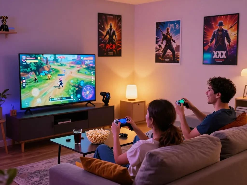 Couple enjoying xxx games in a cozy living room with snacks and gaming controllers.