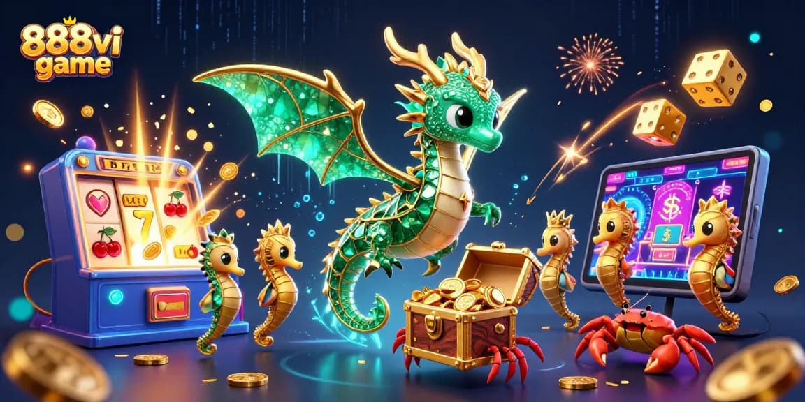 Experience the excitement of 888vi game with vibrant casino elements and a magical sea dragon in action.