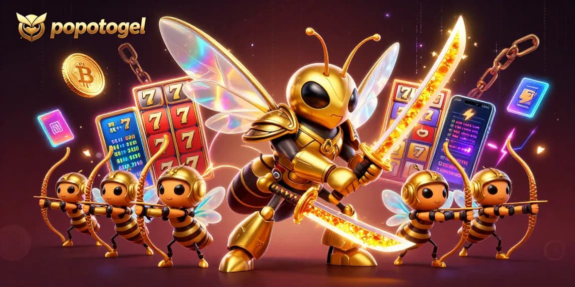 Play exciting slot games with popotogel, showcasing vibrant reels and jackpot counters in a unique 3D scene.