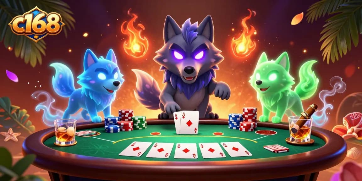 C168 players enjoy an exciting poker game surrounded by vibrant casino elements and glowing energy.