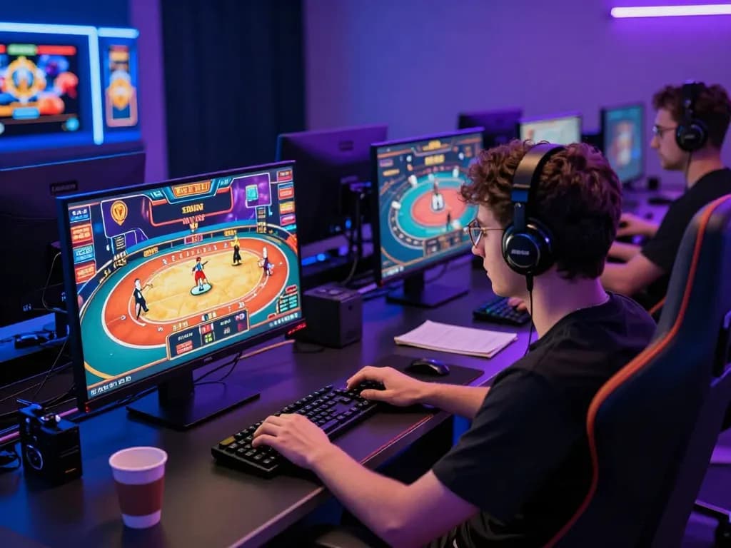 KJC players engage intensely in online casino games on multiple screens within a professional gaming environment