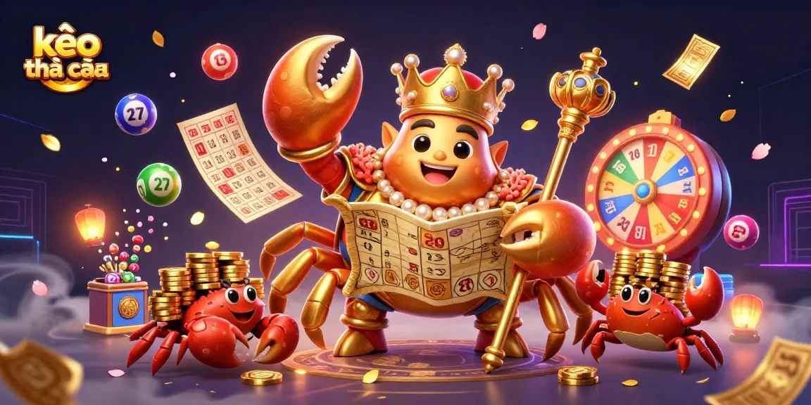Experience kèo nhà cái with a vibrant scene of a golden crab emperor, lottery elements, and casino excitement.