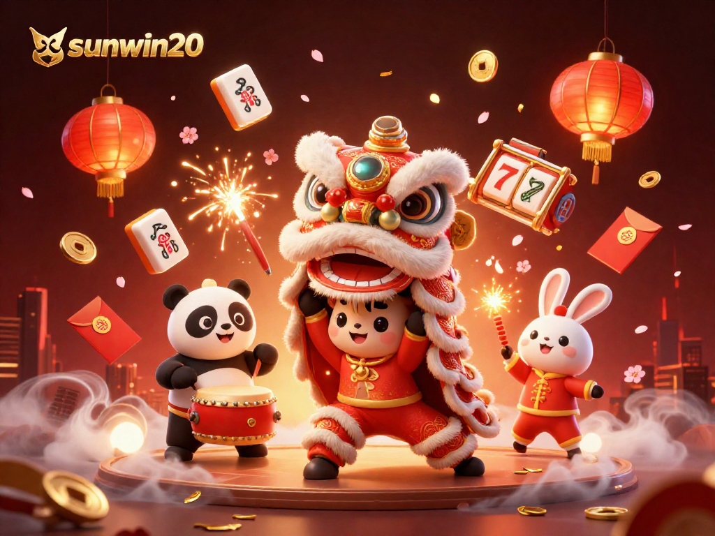 Experience thrilling slot gameplay in an enriched, vibrant scene with sunwin20, showcasing lucky symbols and festive decorations.