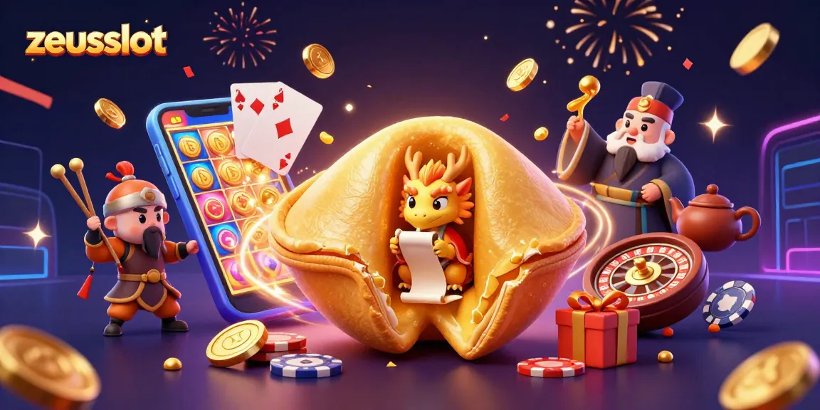 Experience the excitement of zeusslot with a dynamic 3D illustration featuring fortune cookies and casino elements.