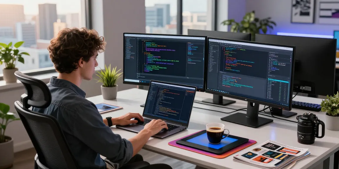 Developer coding on a laptop at telegraimin.com workspace with vibrant tech elements.