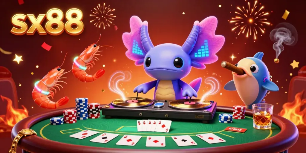 Experience gaming excitement with sx88 at a vibrant underwater casino scene featuring dancing axolotl DJ and poker elements.