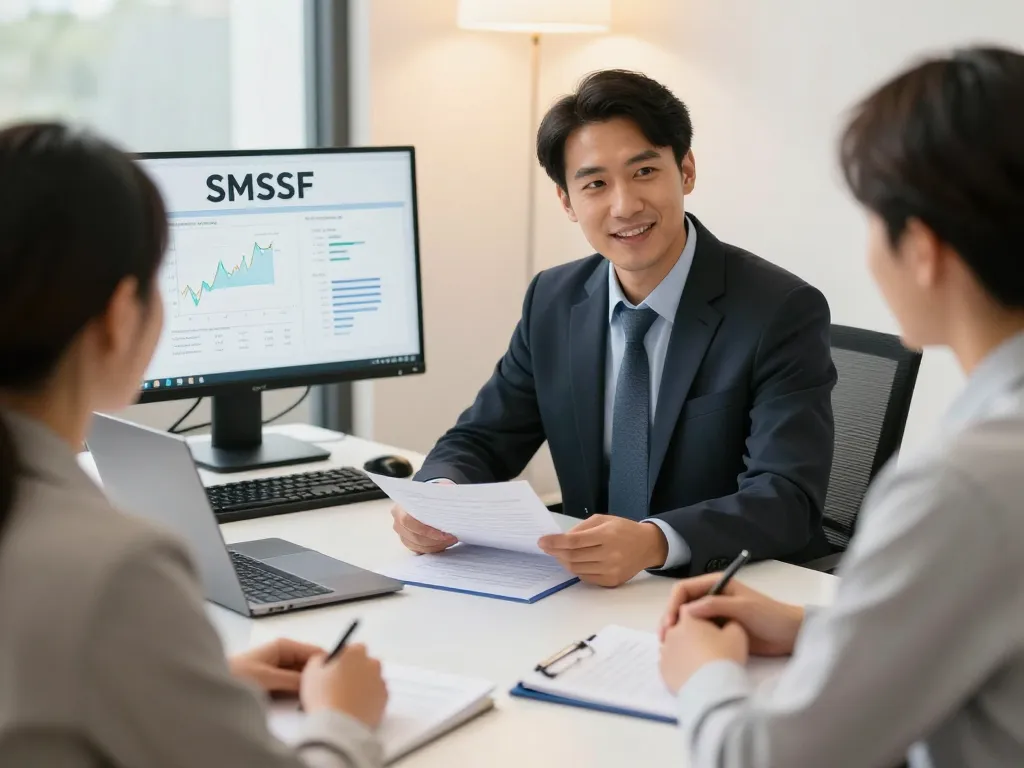 SMSF Accountant consulting with clients, showcasing financial planning documents in a professional office.