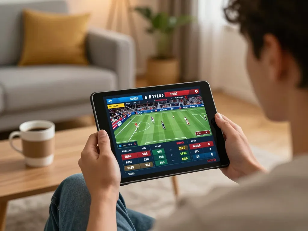 Player engaging in live sports betting on RR88 app at home.