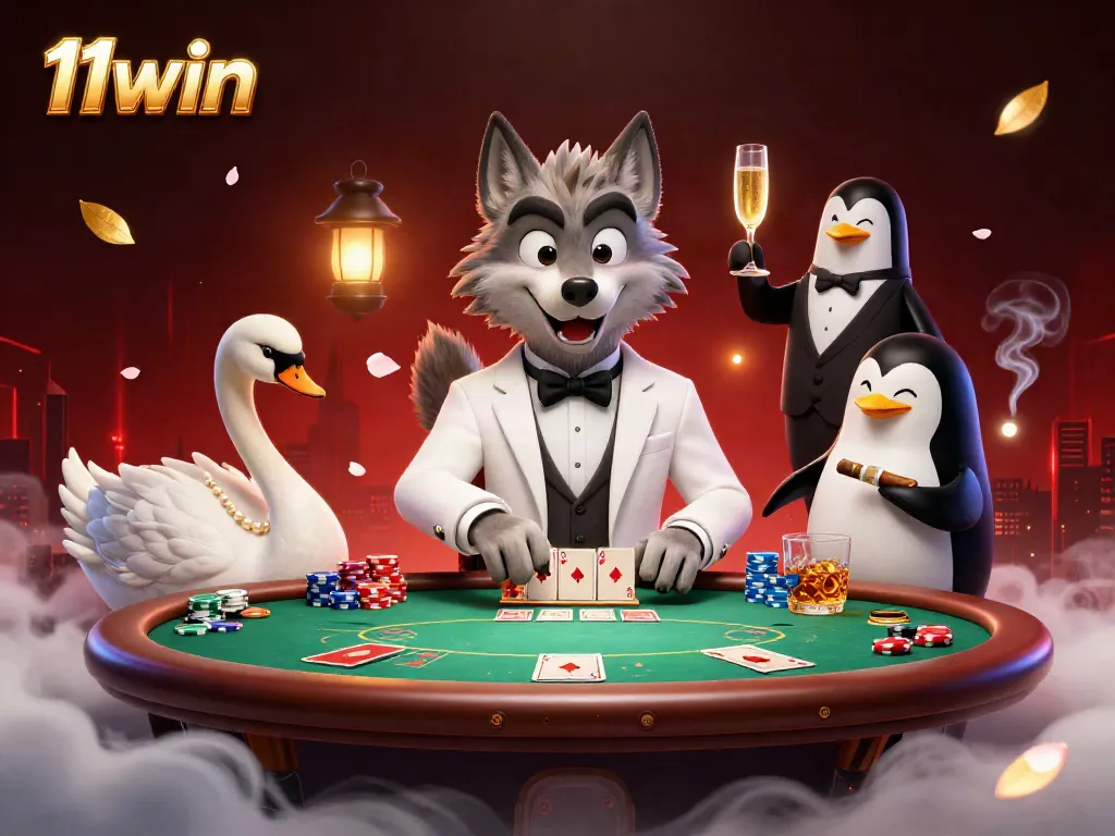 Engage in thrilling gambling action at 11win, featuring a sophisticated scene with a debonair wolf, elegant swan, and a penguin sommelier.