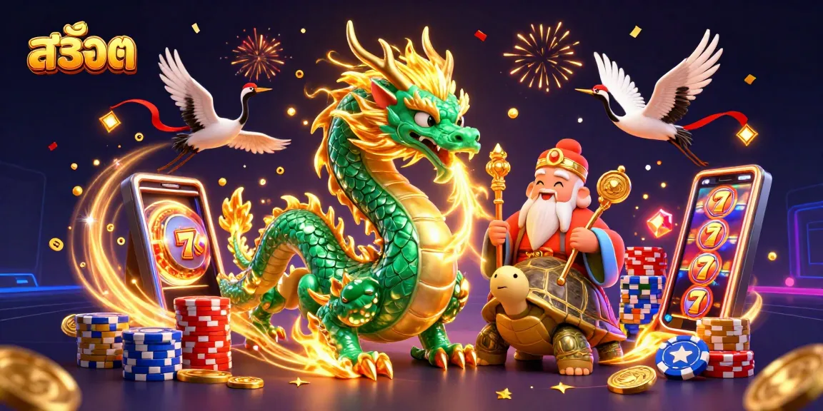 Play สล็อต with immersive graphics featuring a jade dragon and lucky symbols amidst dynamic casino elements.