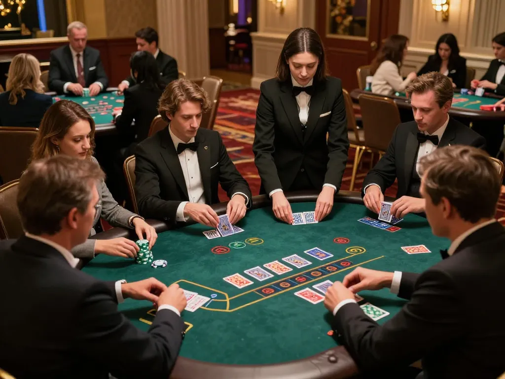 LLWIN Function showcased as players engage in strategic betting at blackjack tables in an upscale casino atmosphere