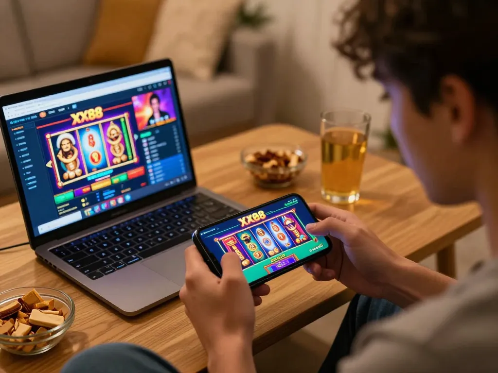 Person engaging with the XX88 casino app on a smartphone at home, showcasing an exciting online gaming experience