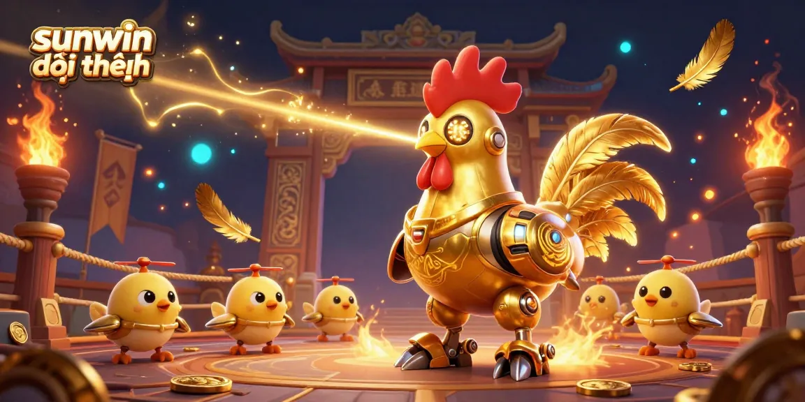 Engage with sunwin đổi thưởng as a golden rooster robot conquers in a vibrant betting arena.