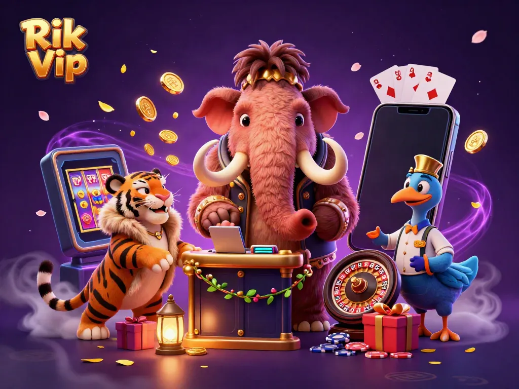 Experience the excitement of Rik Vip casino with characters in a vibrant digital illustration.