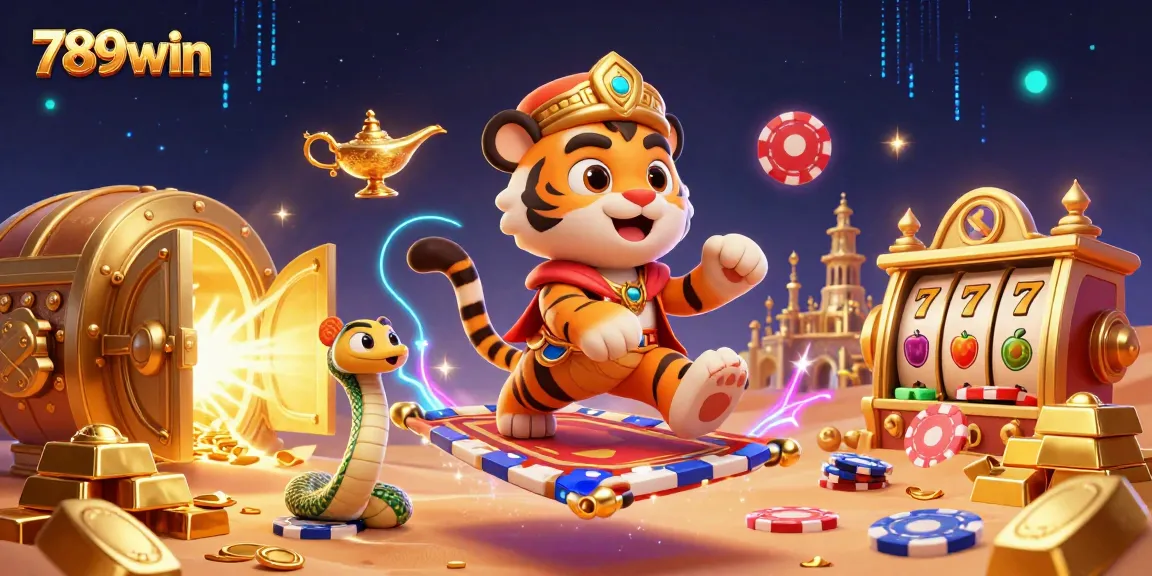 Engage with 789win's enchanting Arabian Nights casino scene featuring vibrant characters and dynamic slot elements.