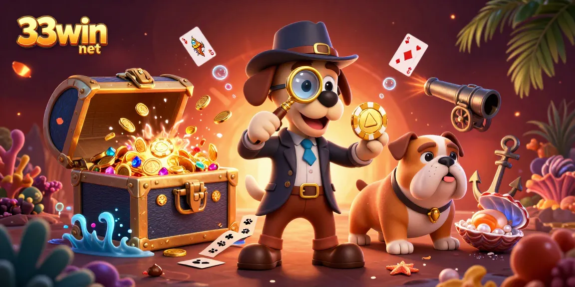 Engage with 33win net in a dynamic scene of a detective dog and companion exploring a treasure of poker clues.