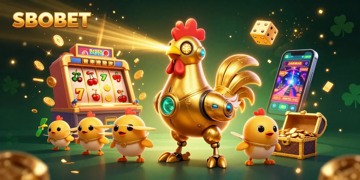 SBOBET rewards players with a jackpot explosion in a vibrant casino scene featuring a golden rooster robot.